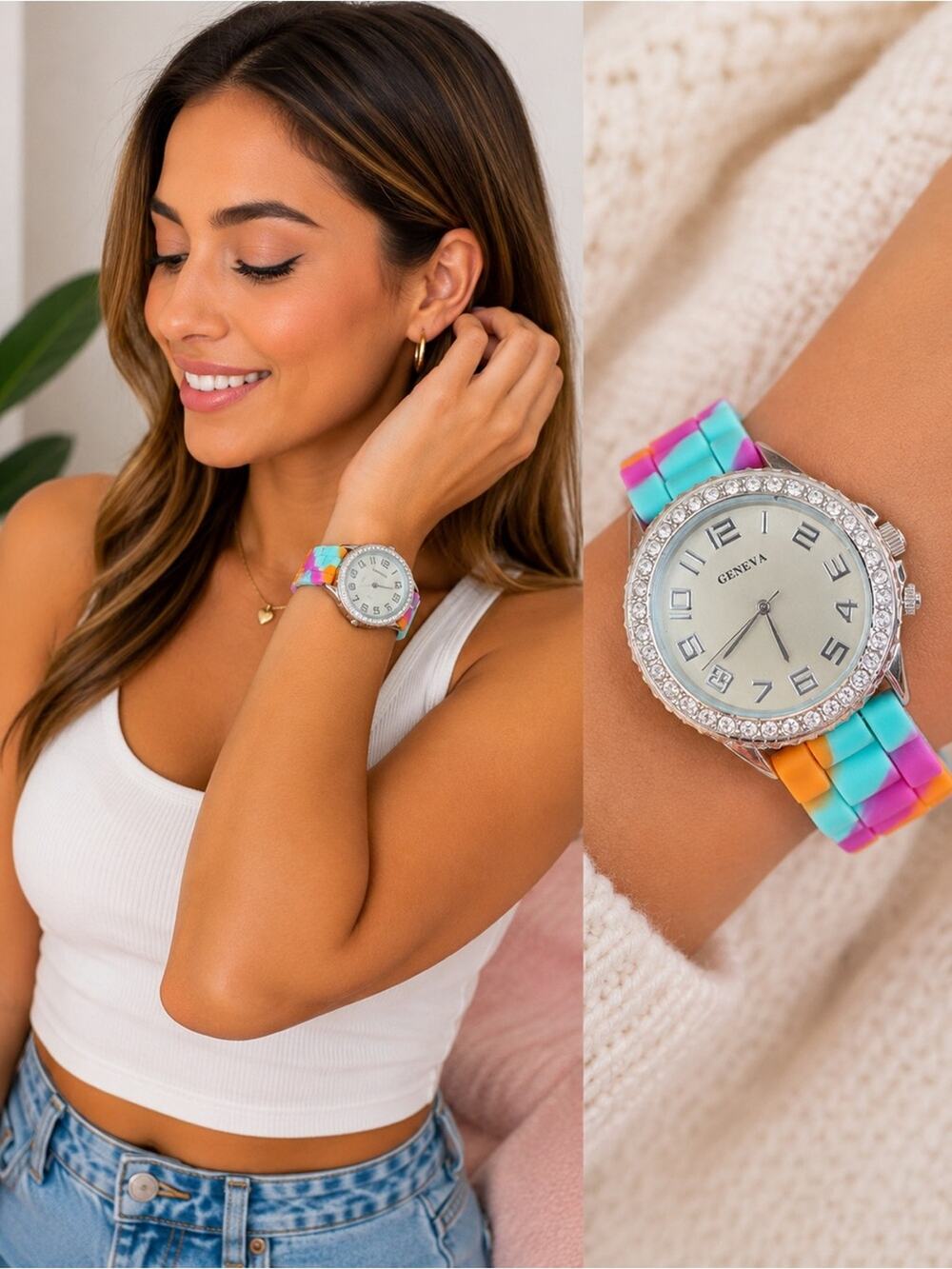 Geneva Rainbow Silicone Strap Rhinestone Bezel Watch Colorful NWOT